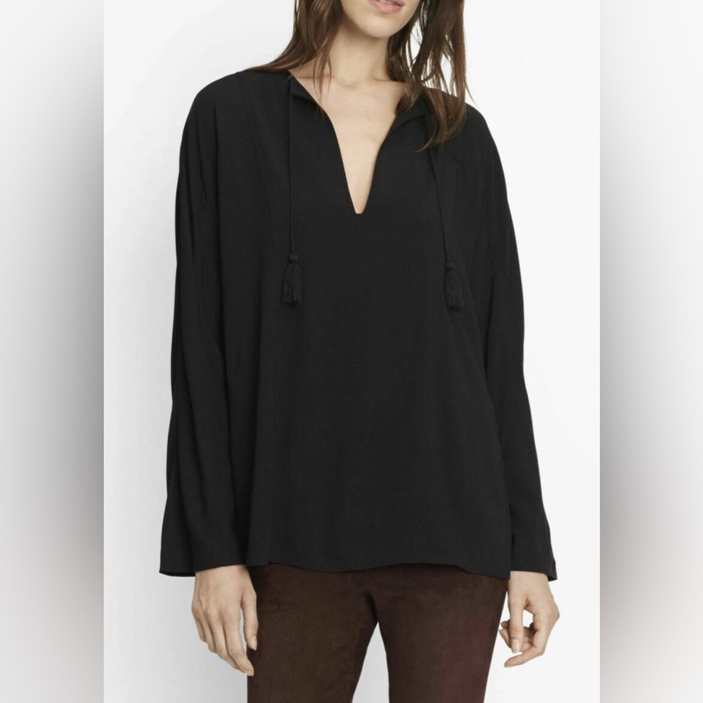 Vince Black V-Neck Tassel tie festival top viscose/wool